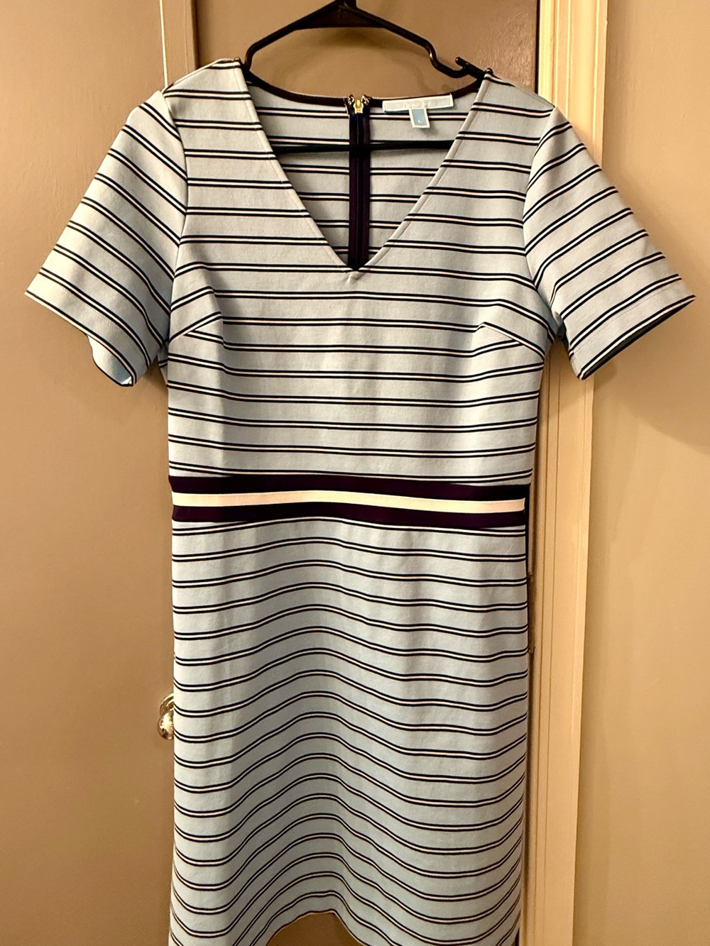 Draper James Light Blue and Navy Striped V‑Neck Dress
